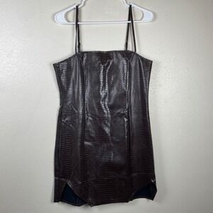 KAIIA Chocolate Brown Croc Embossed Faux Leather Square Neck Mini Dress USA 10